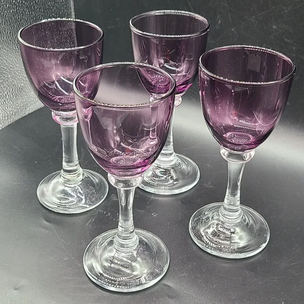 set (4) Vintage Wine Glasses  Amethyst Purple Goblets Barware 7 oz 7.75